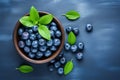 Tasty fresh bilberries with green leaves food. Generate Ai