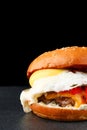 Tasty fresh burger with egg on dark isolated background. Homemade hamburger or burger with fresh vegetables and cheese Royalty Free Stock Photo