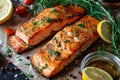 Tasty and fresh cooked salmon fish fillet with lemon and rosemary Royalty Free Stock Photo