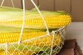 Tasty fresh corn cobs in metal basket on white wooden table, closeup Royalty Free Stock Photo