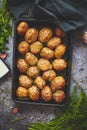 Tasty fresh homemade baked potatoes served on a metal tray. With various herbs, butter, garlic, salt Royalty Free Stock Photo