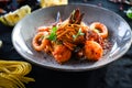 Tasty fresh italian seafood pasta & spices Royalty Free Stock Photo