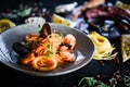 Tasty fresh italian seafood pasta & spices Royalty Free Stock Photo