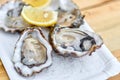 Tasty fresh oysters with sliced juicy lemon on plate. Aphrodisiac food for increasing sexual desire. Street kitchen. Royalty Free Stock Photo