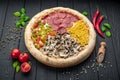 Tasty fresh pizza with four different pieces in one on wooden background. Top view of big pizza Royalty Free Stock Photo