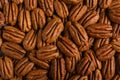 Tasty fresh ripe pecan nuts as background, top view