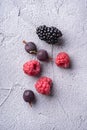 Tasty fresh ripe raspberry, blackberry, gooseberry and red currant berries, healthy food fruit on stone concrete background Royalty Free Stock Photo