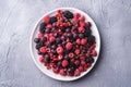 Tasty fresh ripe raspberry, blackberry, gooseberry and red currant berries in plate, healthy food fruit Royalty Free Stock Photo