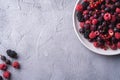 Tasty fresh ripe raspberry, blackberry, gooseberry and red currant berries in plate, healthy food fruit Royalty Free Stock Photo