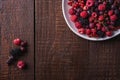 Tasty fresh ripe raspberry, blackberry, gooseberry and red currant berries in plate, healthy food fruit Royalty Free Stock Photo