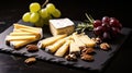 Tasty fresh sliced cheese and ripe grapes placed on black board with nuts and rosemary sprigs. Generative AI