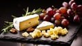 Tasty fresh sliced cheese and ripe grapes placed on black board with nuts and rosemary sprigs. Generative AI