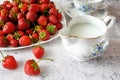 Tasty fresh strawberry with milk sour cream or yogurt closeup, dessert with strawberries