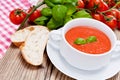 Tasty fresh tomato soup basil and bread Royalty Free Stock Photo