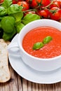 Tasty fresh tomato soup basil and bread Royalty Free Stock Photo