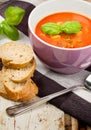 Tasty fresh tomato soup basil and bread Royalty Free Stock Photo