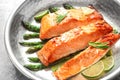 Tasty freshly cooked salmon in frying pan