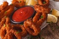 Tasty Fried calamari rings close-up on a table, and tomato sauce Royalty Free Stock Photo