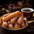 Tasty fried churros with chocolate dip