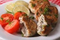 Tasty fried fish cake with herbs close-up on a plate. horizontal Royalty Free Stock Photo