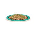 Tasty fried noodle with green beans. Traditional Malaysian food. Appetizing Asian dish. Flat vector design