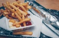 Tasty fries with sauces on a tray Royalty Free Stock Photo