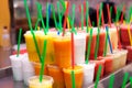 Tasty fruit smoothies at the Boqueria market in Barcelona.Fresh Natural Juice For Sale In Spanish Market Royalty Free Stock Photo