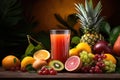 Tasty fruits and juice with vitamins on background Generative AI Royalty Free Stock Photo