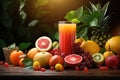 Tasty fruits and juice with vitamins on background Generative AI Royalty Free Stock Photo