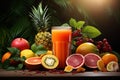 Tasty fruits and juice with vitamins on background Generative AI Royalty Free Stock Photo