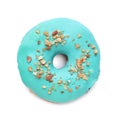 Tasty glazed donut decorated with nuts isolated on white, top view