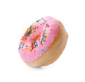 Tasty glazed donut decorated with sprinkles on white background