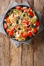 Tasty greek pasta salad with cheese, olives, tomatoes and parsley close-up on a plate. Vertical top view Royalty Free Stock Photo