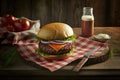 Tasty grilled burger with beef, cheese, baked vegetables and fruits, onion jam, sauces explosion Generative AI