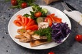 Grilled chicken breast with fresh vegetables. Horizontal frame Royalty Free Stock Photo