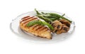 Grilled chicken fillet with green beans, mushrooms and basil isolated on white Royalty Free Stock Photo