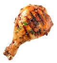 Tasty grilled chicken leg on white background, top view. BBQ food. Fast food