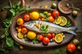 Tasty grilled dorada fish with vegetables and sauce on wooden background. Ai generated Royalty Free Stock Photo