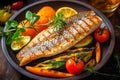 Tasty grilled dorada fish with vegetables and sauce on wooden background. Ai generated Royalty Free Stock Photo