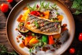 Tasty grilled dorada fish with vegetables and sauce on wooden background. Ai generated