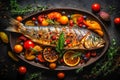 Tasty grilled dorada fish with vegetables and sauce on wooden background. Ai generated