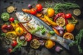 Tasty grilled dorada fish with vegetables and sauce on wooden background. Ai generated Royalty Free Stock Photo