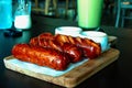 Tasty grilled german sausage for food and beverages