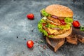 Tasty grilled home made burgers with beef, tomato, cheese, and lettuce. fast food and junk food concept Royalty Free Stock Photo