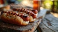 Tasty grilled hot dogs on a worn picnic table