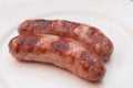 Tasty grilled meat sausages on dish