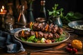 Tasty Grilled meat skewers, shish kebab with vegetables on plate. Good food. Delicious food. Royalty Free Stock Photo