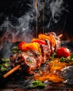 Tasty Grilled meat skewers, shish kebab with vegetables pouring south. Good food. Generative AI Royalty Free Stock Photo