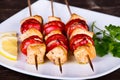 Tasty grilled meat and vegetables on skewer Royalty Free Stock Photo