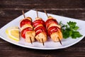 Tasty grilled meat and vegetables on skewer Royalty Free Stock Photo